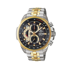 A Casio Edifice analog watch with a black dial, gold casing, and a stainless steel band.