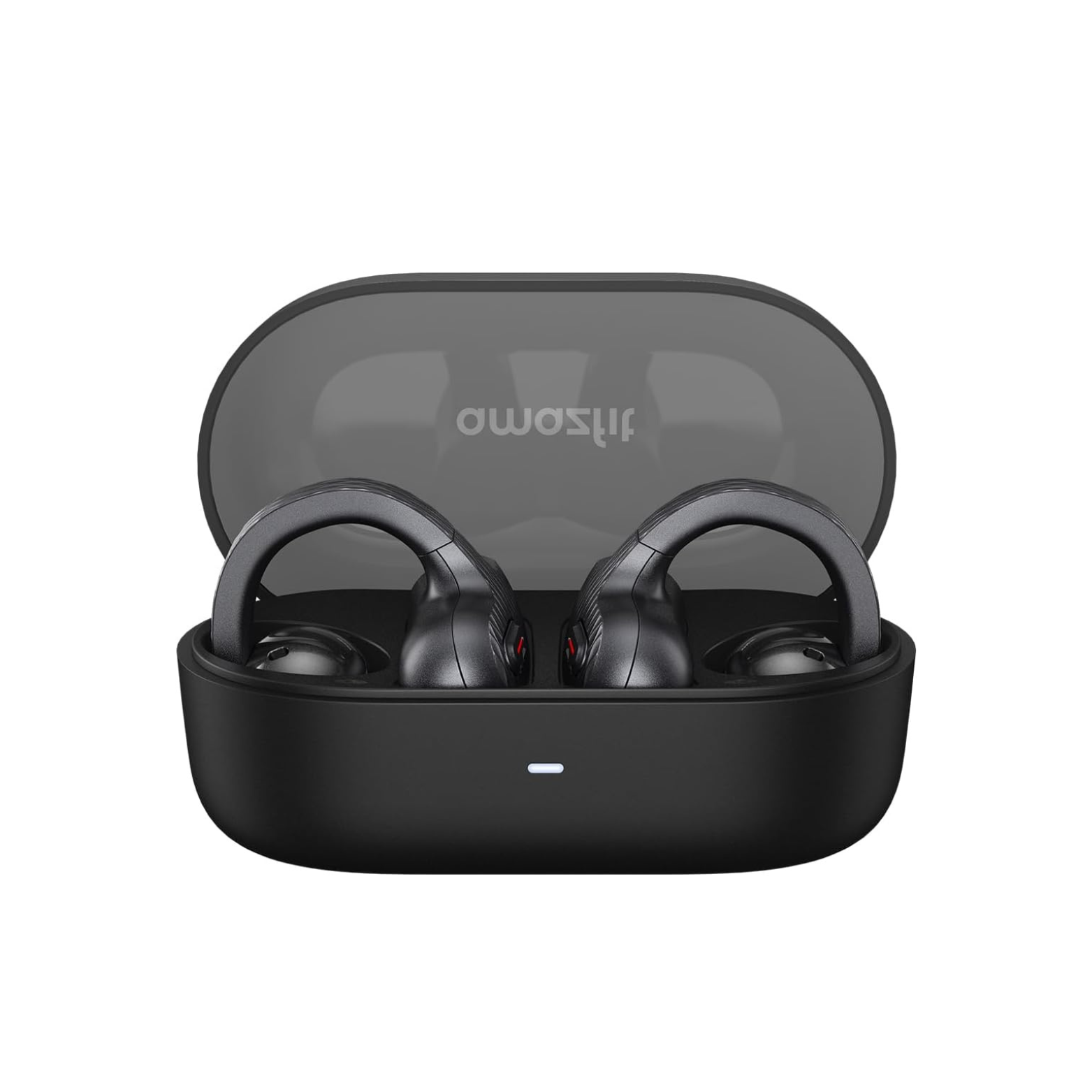 Black wireless earbuds in a transparent charging case on a white background