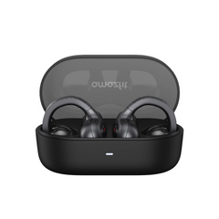 Black wireless earbuds in a transparent charging case on a white background