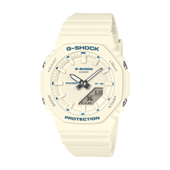G-Shock watch with beige strap and white face on a white background