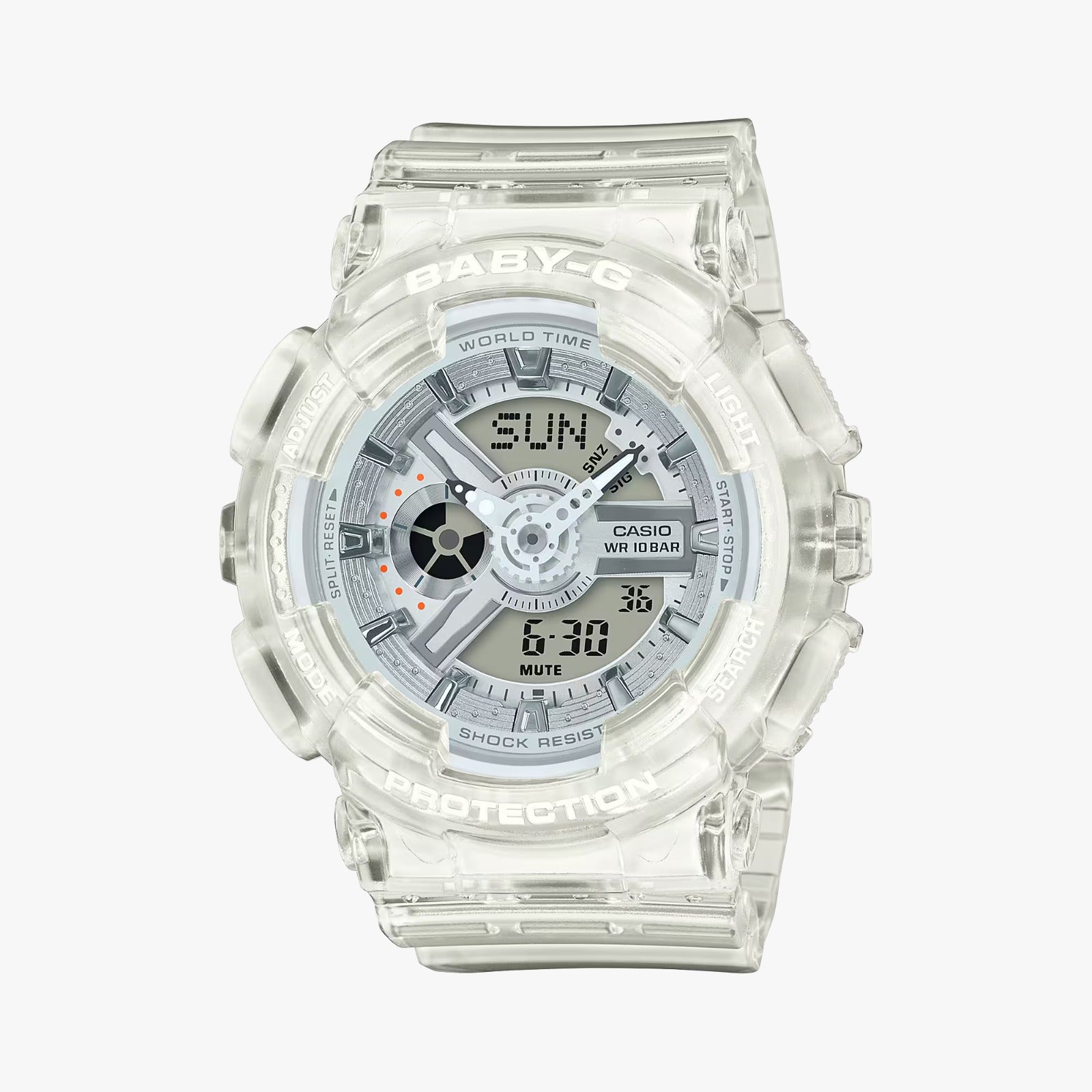 A Casio G-Shock analog-digital watch in a clear color scheme, featuring a digital display and resin band.