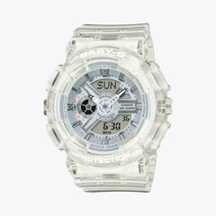 A Casio G-Shock analog-digital watch in a clear color scheme, featuring a digital display and resin band.