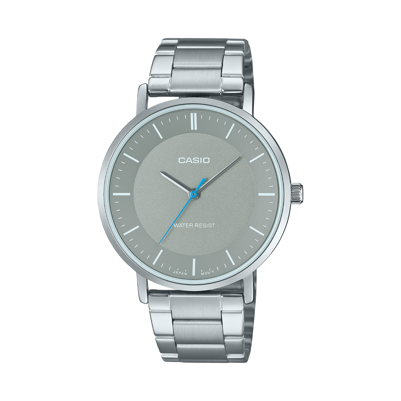 Casio watch with silver metal strap on a white background