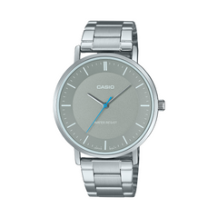 Casio watch with silver metal strap on a white background