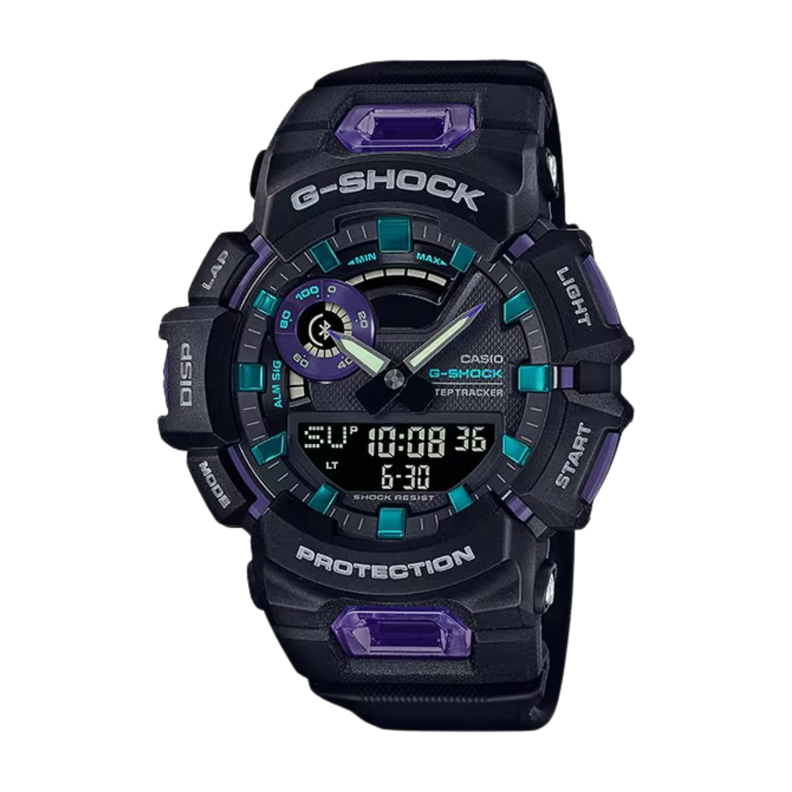 A Casio G-Shock watch with a black band and case, featuring a digital display with blue and purple accents.