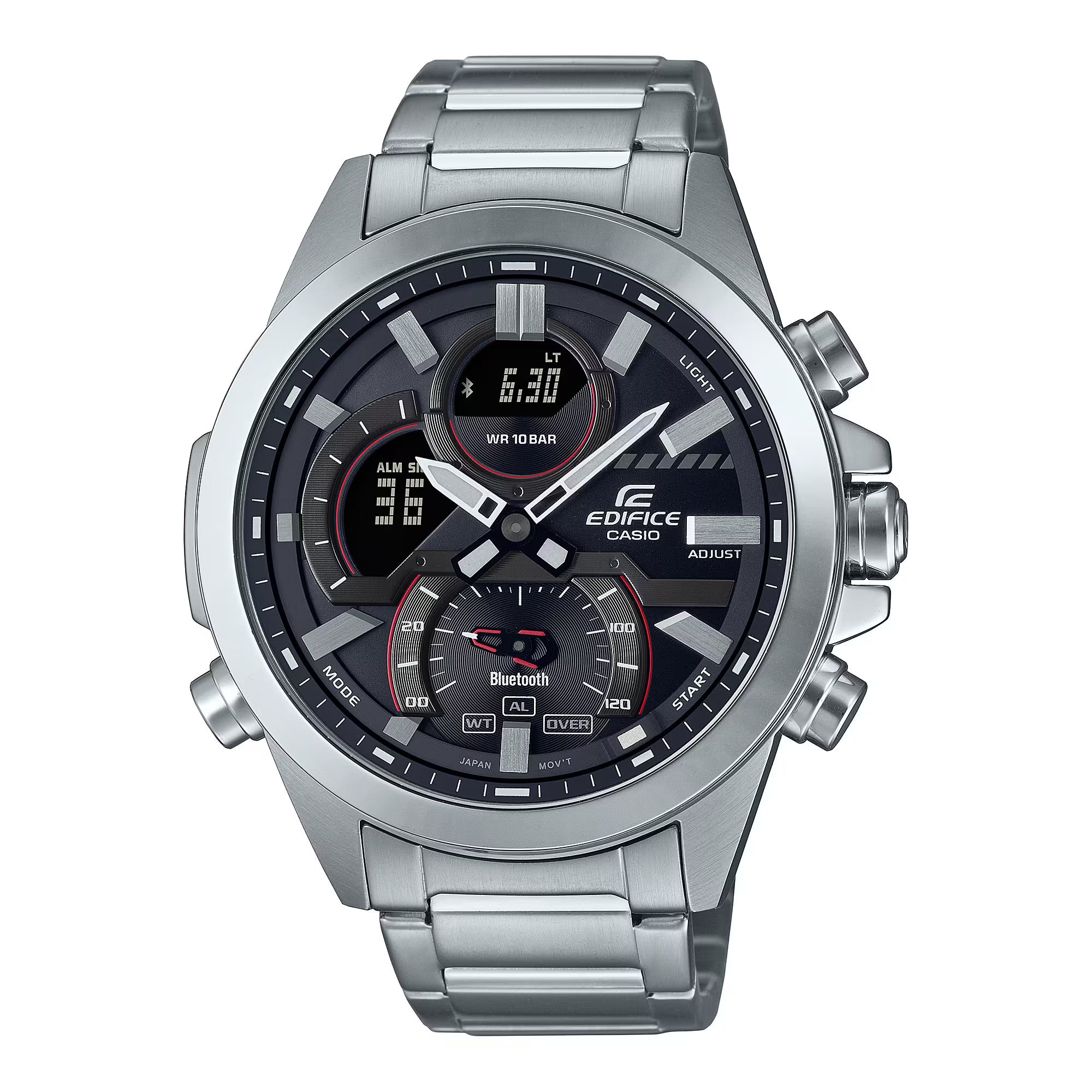 A Casio Edifice ECB-30D-1A watch with a stainless steel band and a digital display showing time and various watch features.