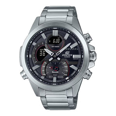 A Casio Edifice ECB-30D-1A watch with a stainless steel band and a digital display showing time and various watch features.
