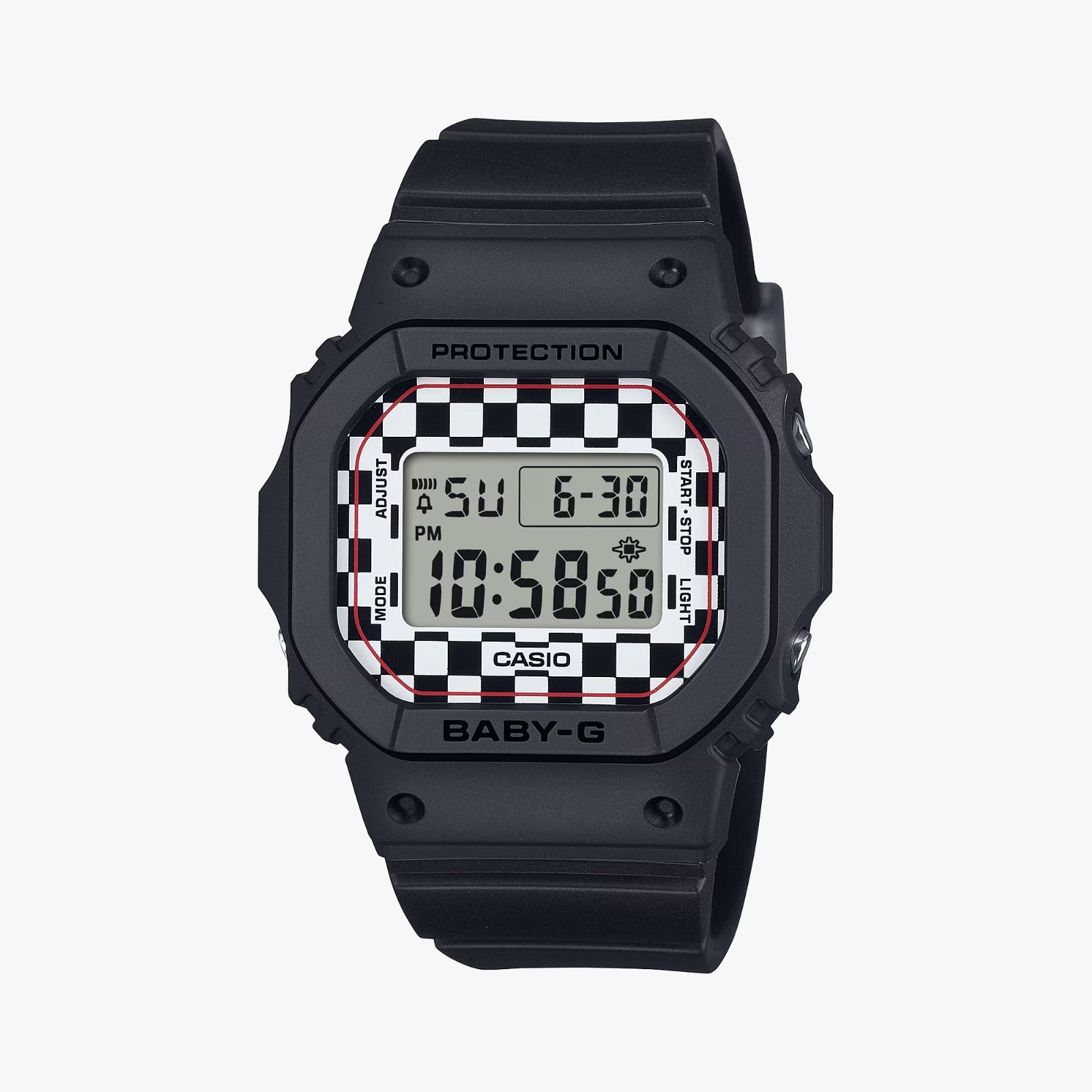 A black CASIO G-SHOCK watch with a checkered pattern on the digital display, showing features such as stopwatch, timer, and alarm.
