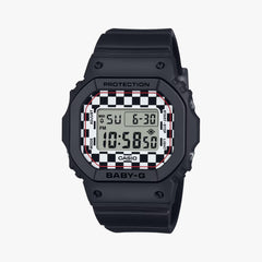 A black CASIO G-SHOCK watch with a checkered pattern on the digital display, showing features such as stopwatch, timer, and alarm.