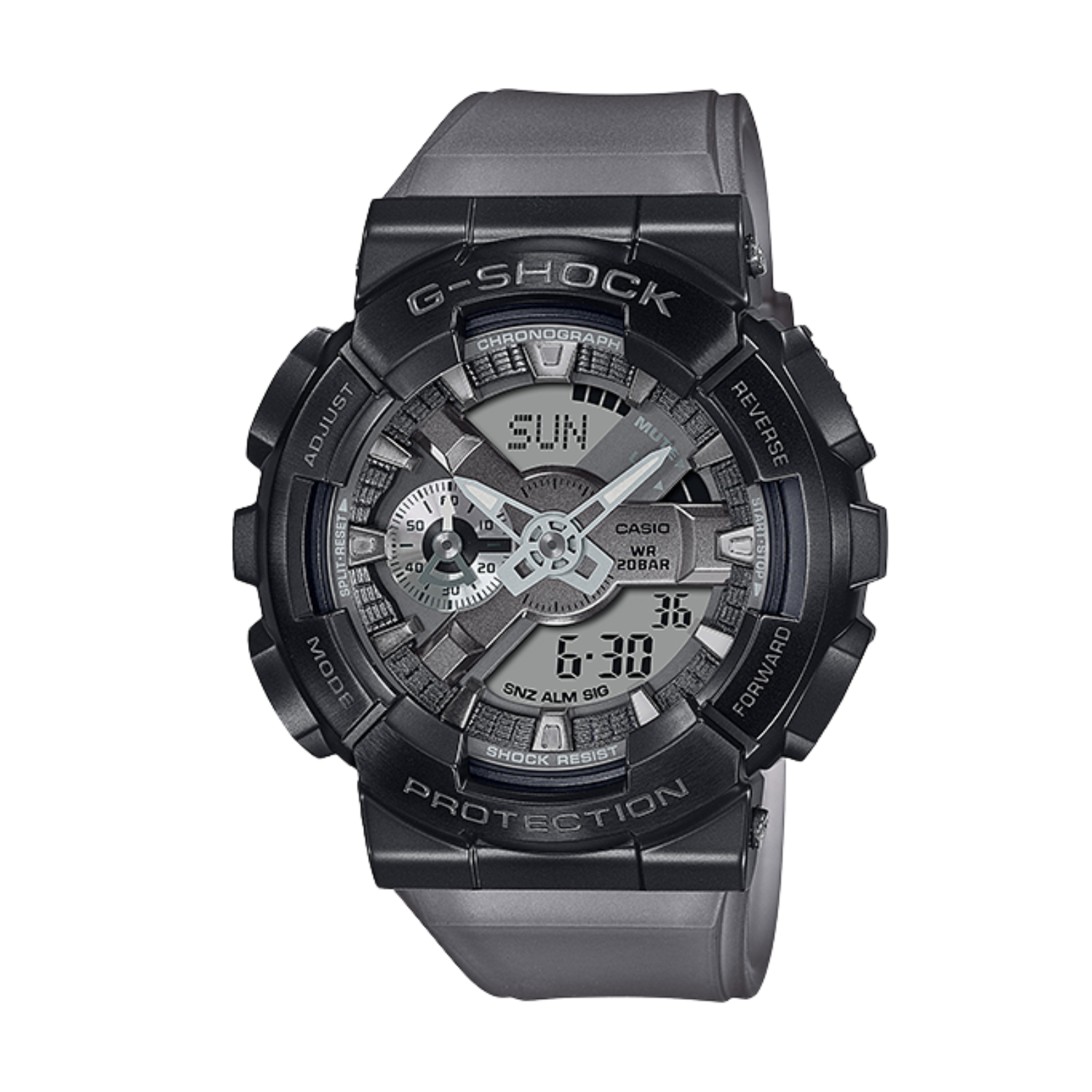 A black CASIO G-SHOCK analog-digital watch with a resin band and a digital display showing time and various watch features.