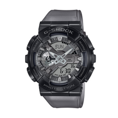 A black CASIO G-SHOCK analog-digital watch with a resin band and a digital display showing time and various watch features.