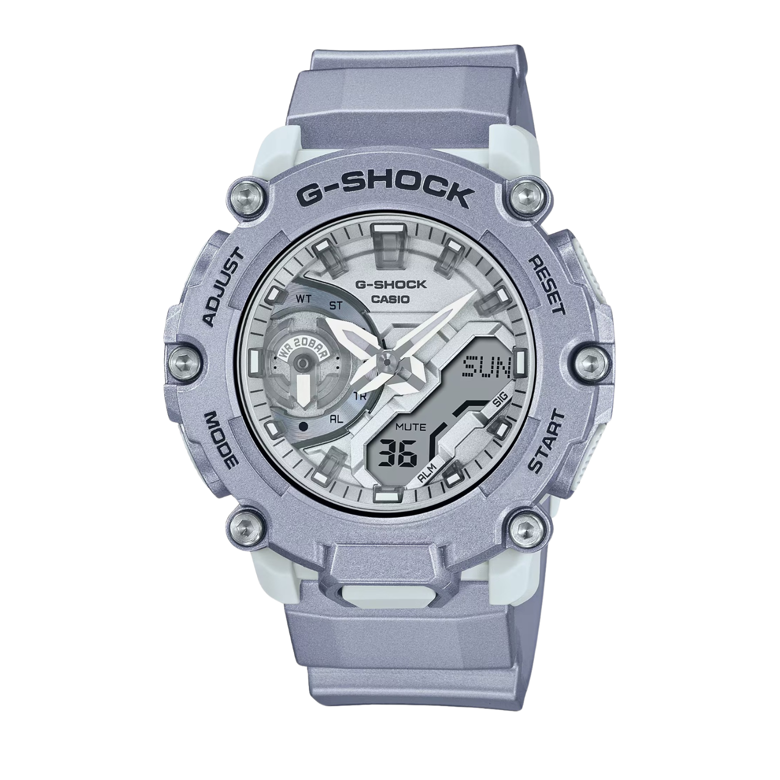 A CASIO G-SHOCK watch with a grey band and casing, digital display, and multiple watch features visible.