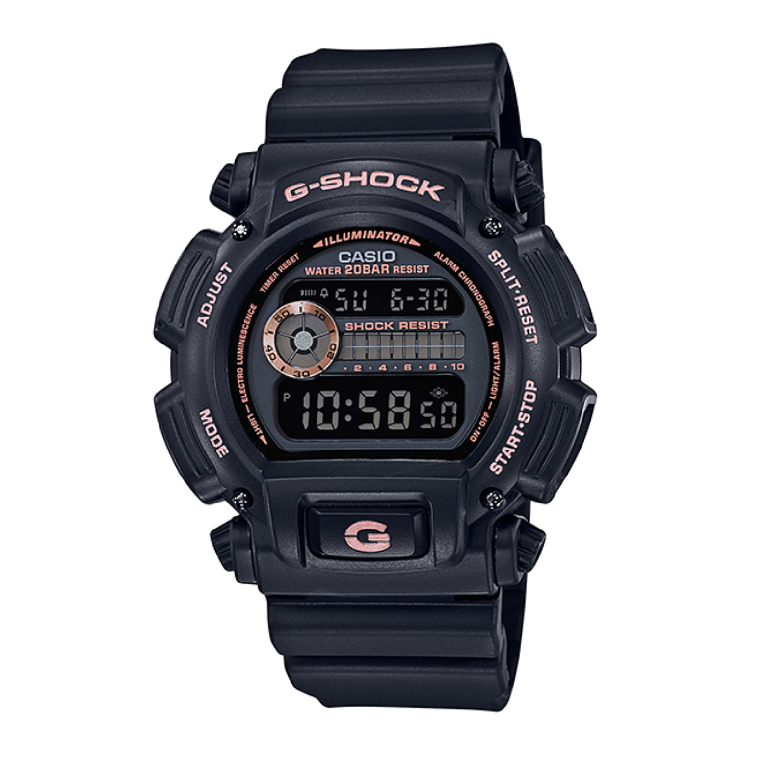 A black CASIO G-SHOCK DW-9052GBX-1A4 digital watch with a resin band and a digital display showing time, date, and various watch features.