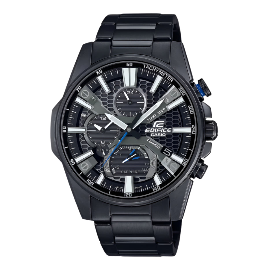 A black Casio Edifice EQB-1200DC-1A analog watch with a stainless steel band and a tachymeter feature on the dial.