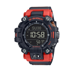A digital CASIO G-SHOCK watch with a black case and red band, displaying time and various features such as compass and altitude settings.