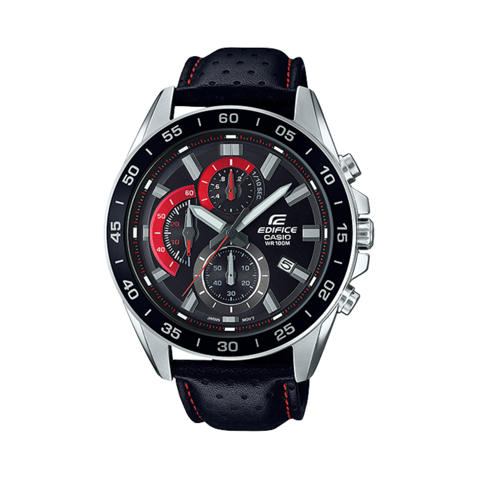 A Casio Edifice analog watch with a black band, black case, and black dial featuring red and silver accents, along with a tachymeter scale.