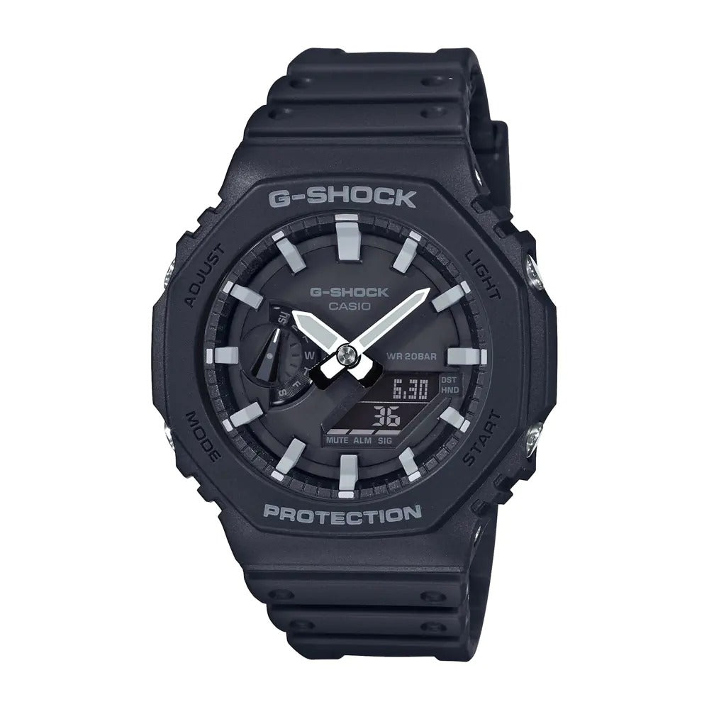A black CASIO G-SHOCK watch with an analog dial, digital display, and a resin band.