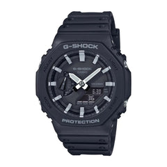 A black CASIO G-SHOCK watch with an analog dial, digital display, and a resin band.