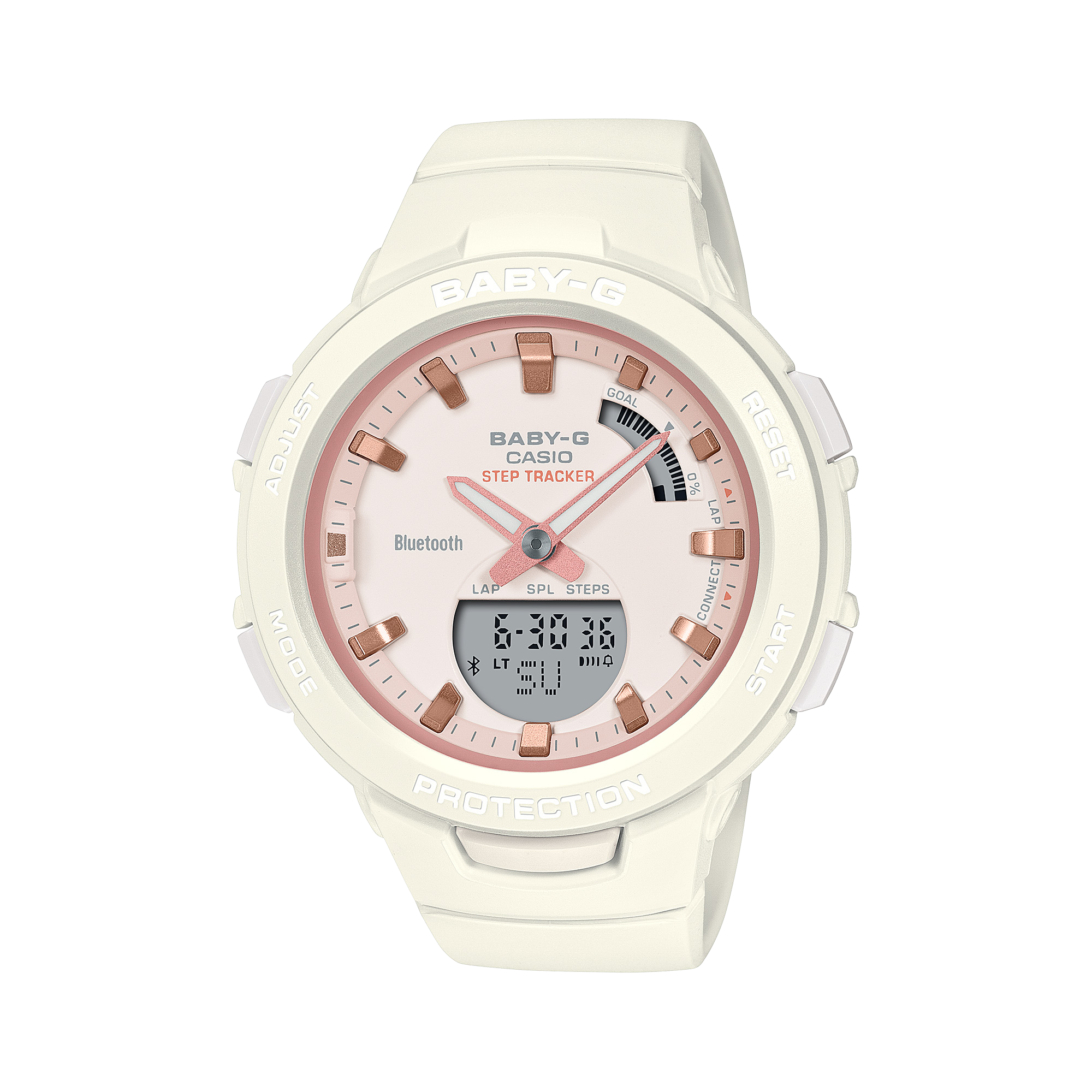 A Casio G-Shock BSA-B100CS-7ADR watch with a white band and case, featuring a pink dial and digital display.