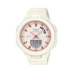 A Casio G-Shock BSA-B100CS-7ADR watch with a white band and case, featuring a pink dial and digital display.