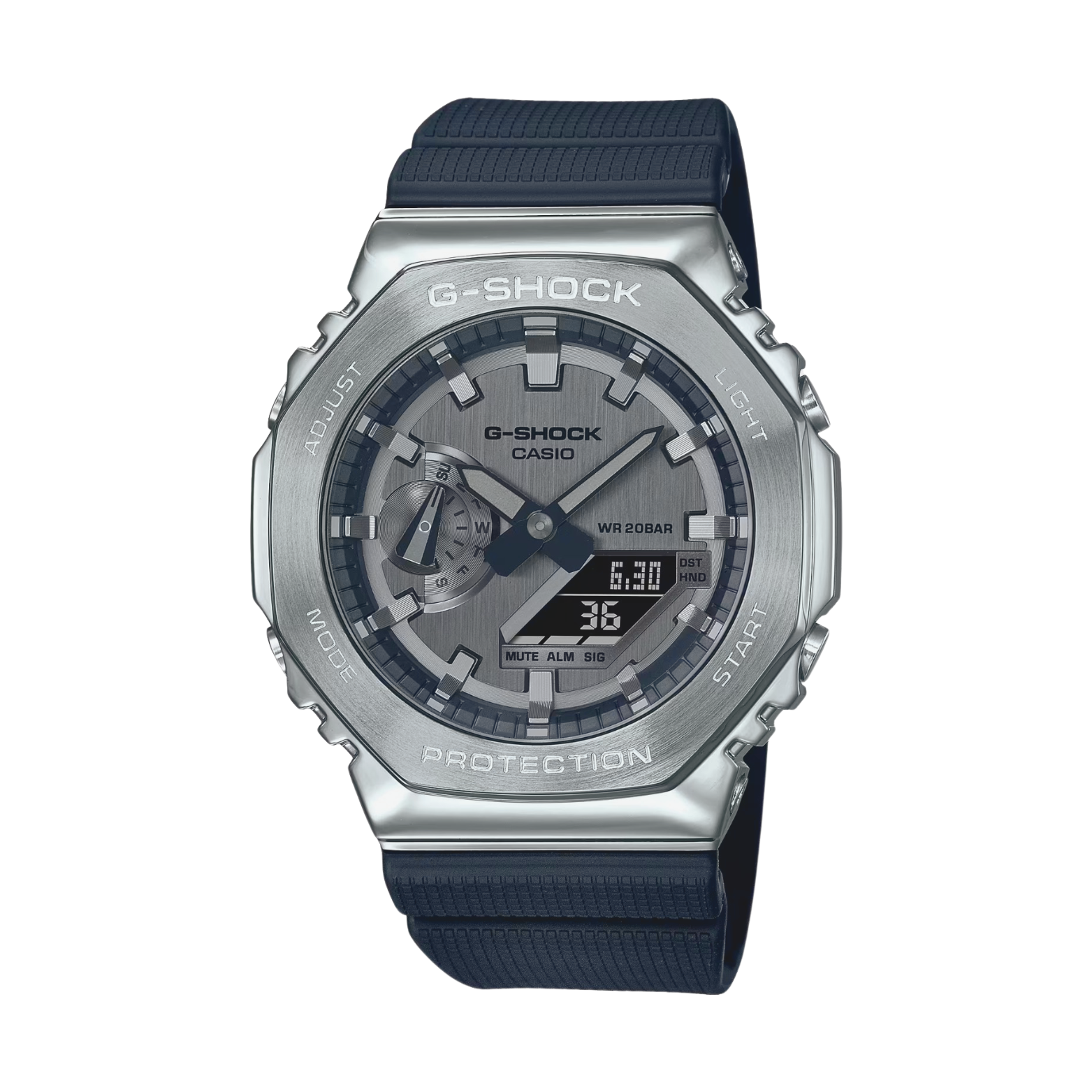 A CASIO G-SHOCK GM-2100-1ADR watch with a silver resin band and stainless steel case, featuring a digital display and analog hands.