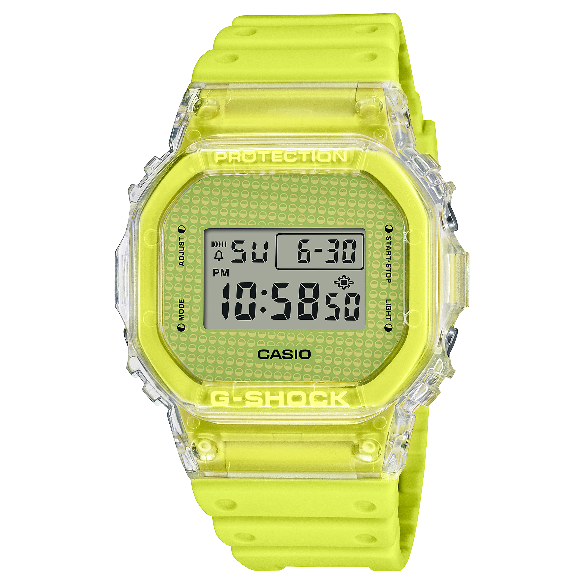 A green CASIO G-SHOCK digital watch with a resin band and a clear case back, displaying time and date on its digital screen.