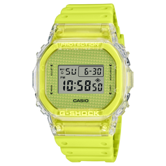 A green CASIO G-SHOCK digital watch with a resin band and a clear case back, displaying time and date on its digital screen.