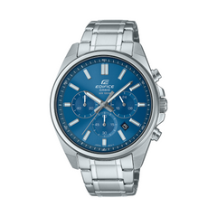 Silver watch with a blue face on a white background