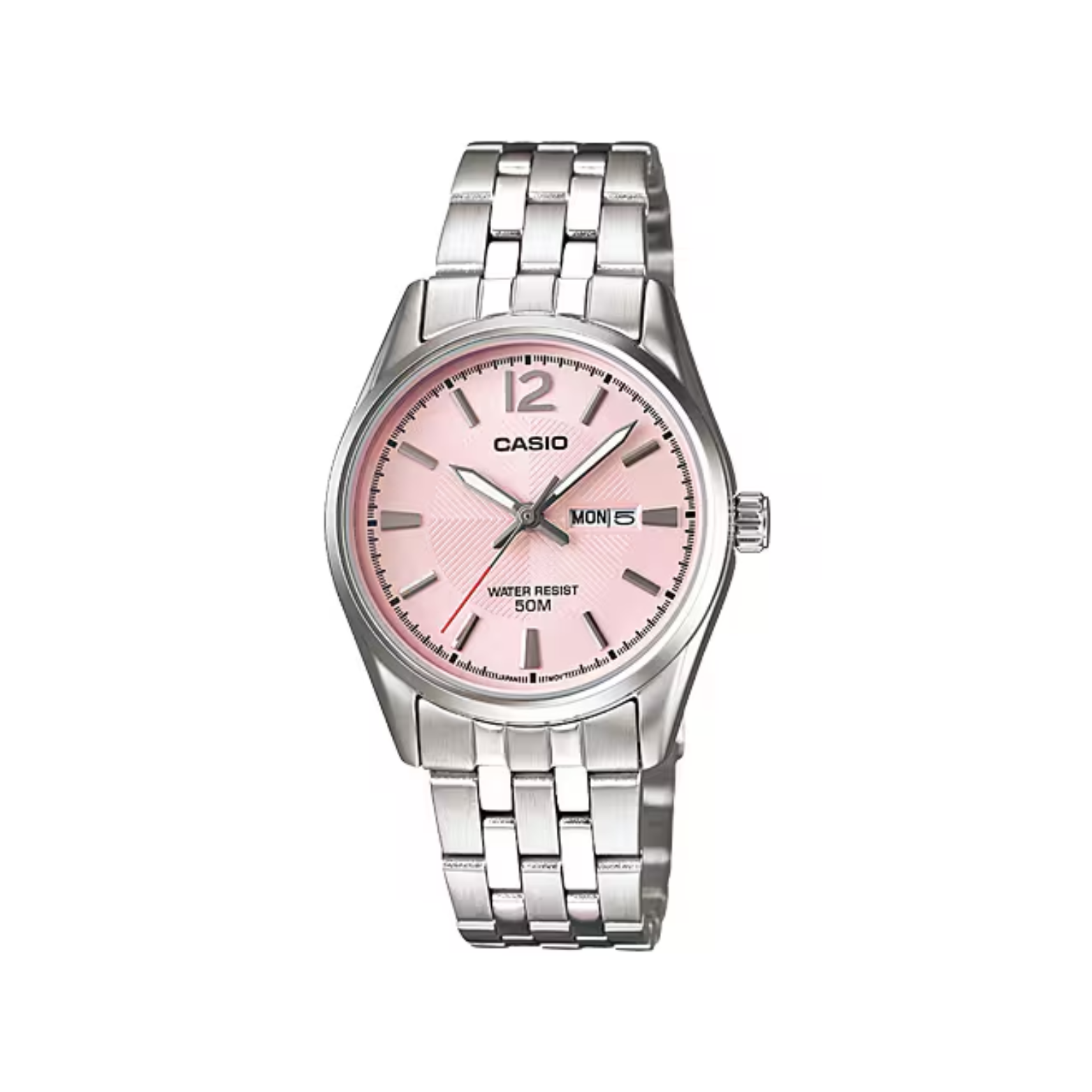 Casio watch with pink dial and silver metal strap