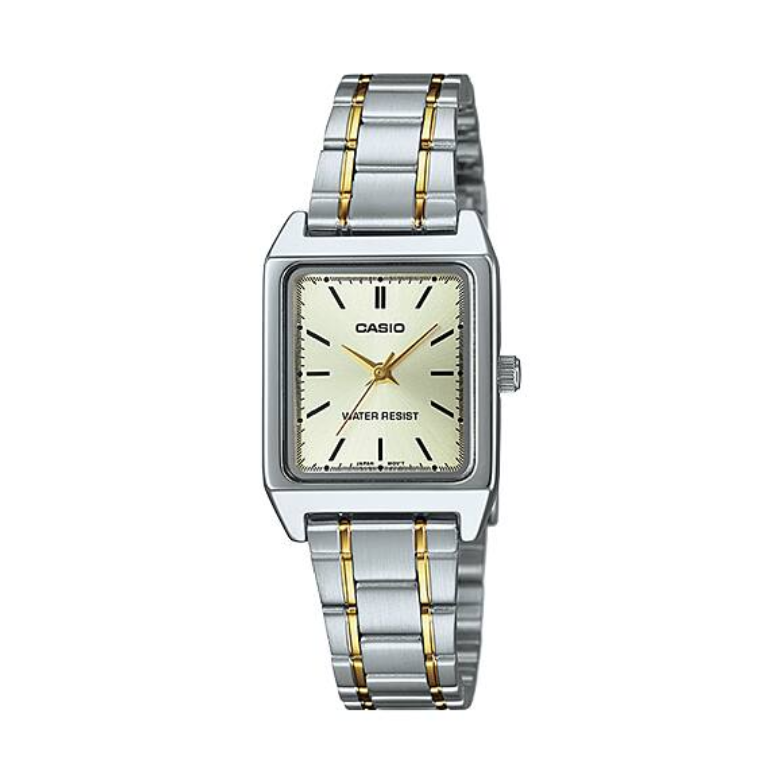 Casio watch with silver and gold two-tone band on a white background