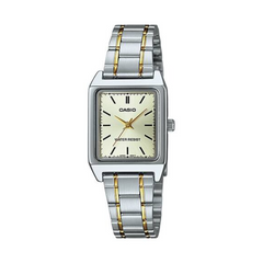 Casio watch with silver and gold two-tone band on a white background