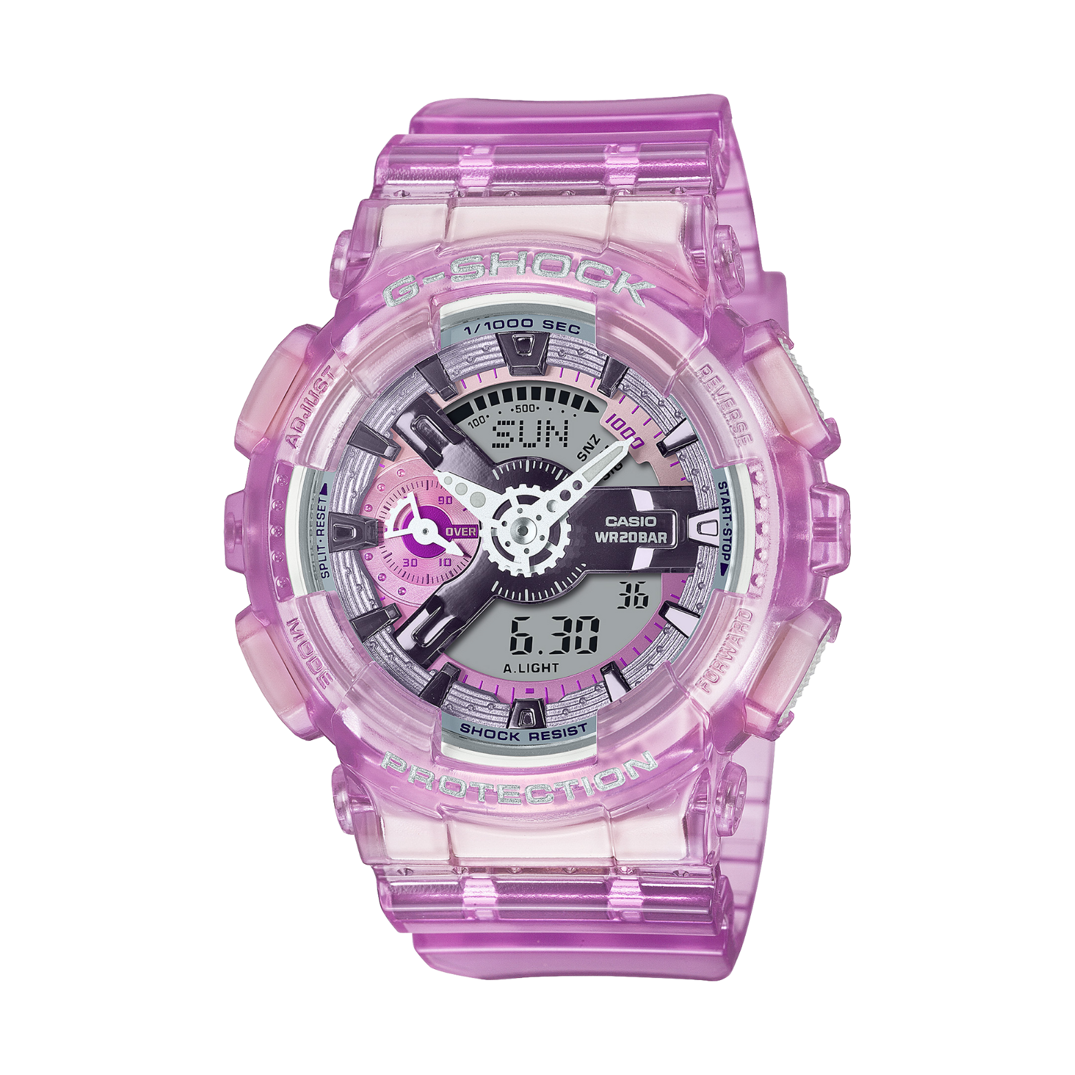 A pink CASIO G-SHOCK analog-digital watch with a resin band and a digital display showing time and various watch features.