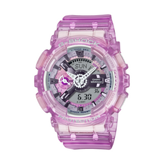 A pink CASIO G-SHOCK analog-digital watch with a resin band and a digital display showing time and various watch features.
