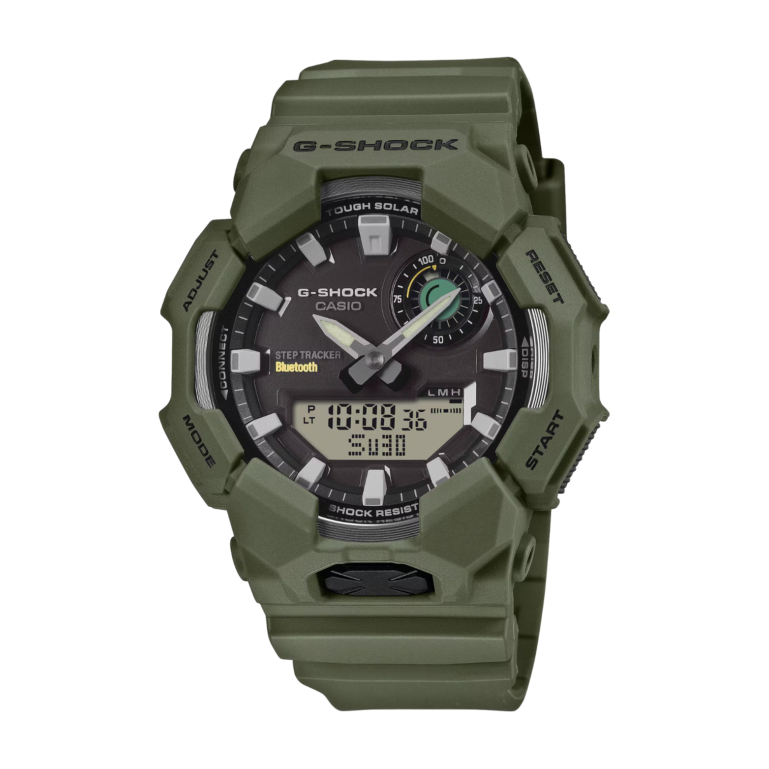 Green G-Shock watch on a white background