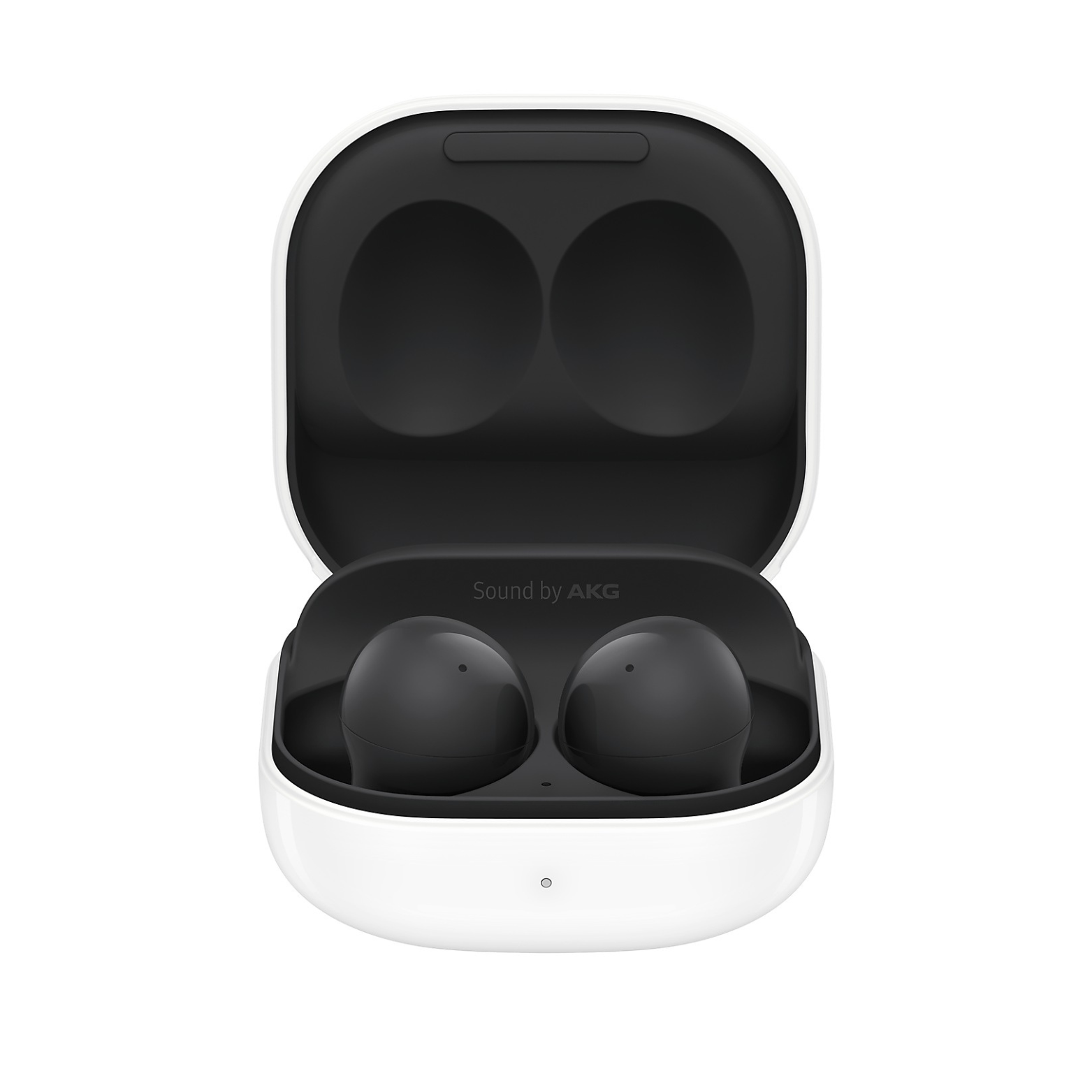 Black wireless earbuds in a white charging case on a white background