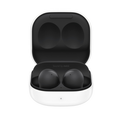 Black wireless earbuds in a white charging case on a white background