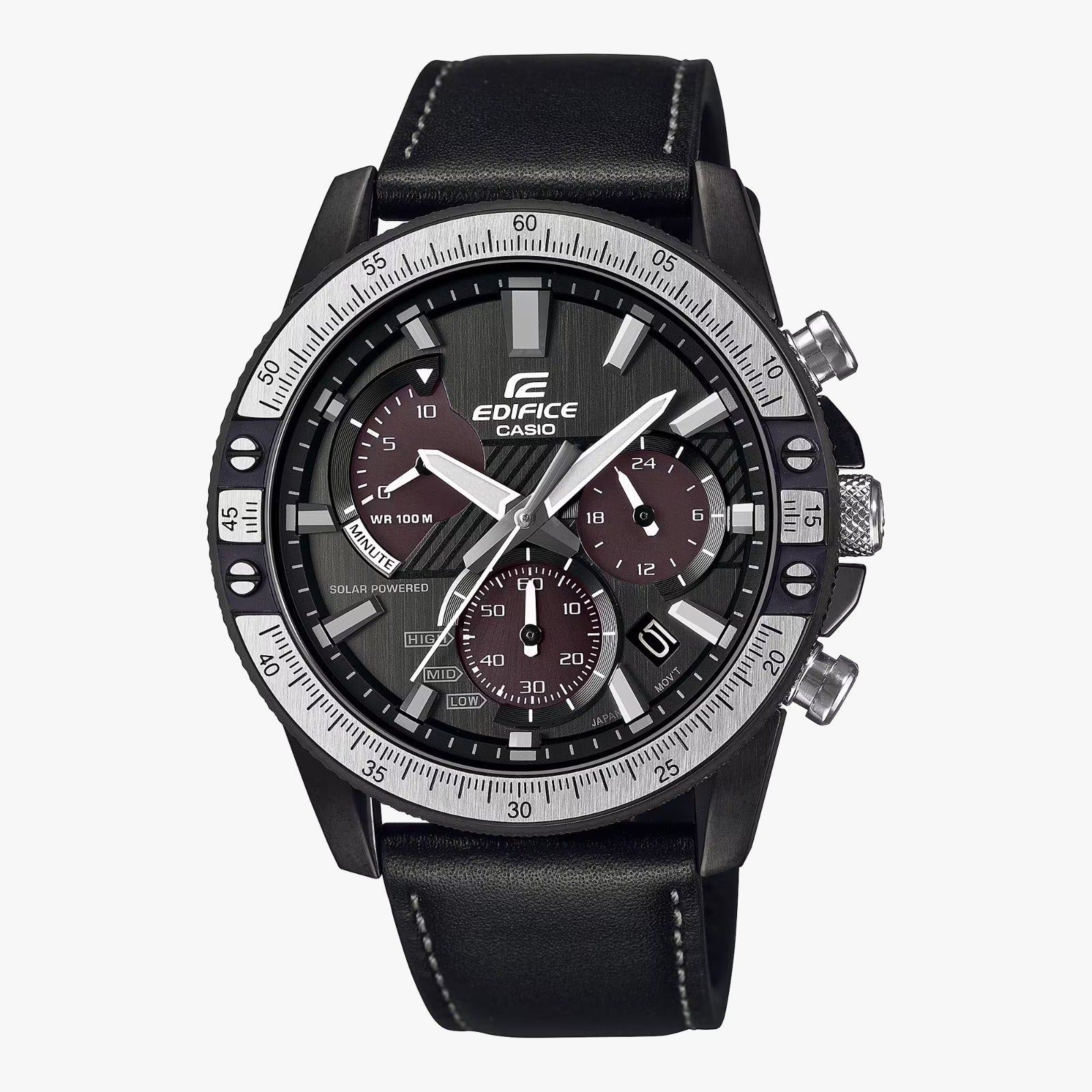 A black CASIO EDIFICE EQS-930TL-1AVUDF watch with a black leather band, analog display, and multiple dials.