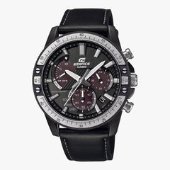A black CASIO EDIFICE EQS-930TL-1AVUDF watch with a black leather band, analog display, and multiple dials.