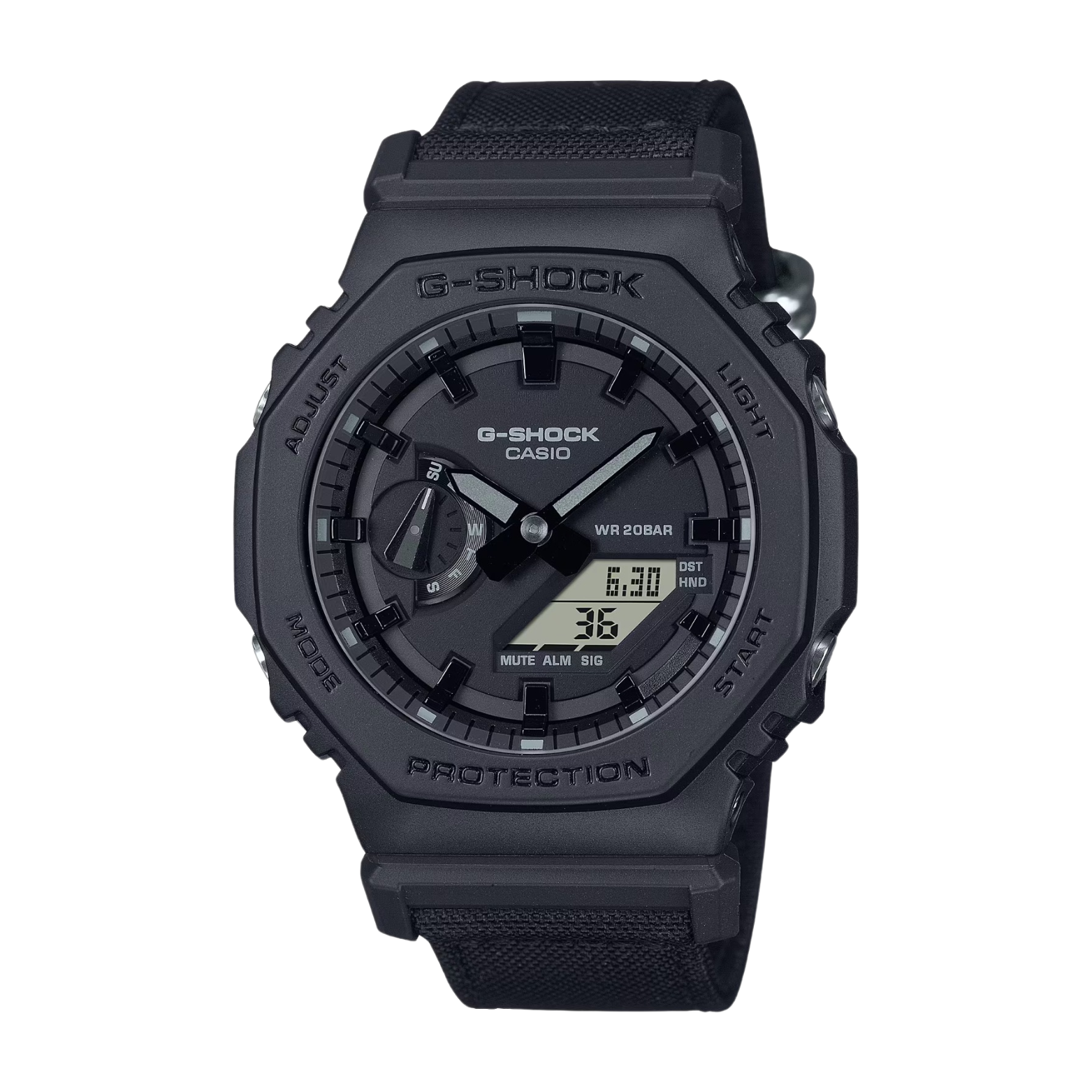 A black CASIO G-SHOCK watch with a digital display and analog hands, featuring a carbon case and a resin band.