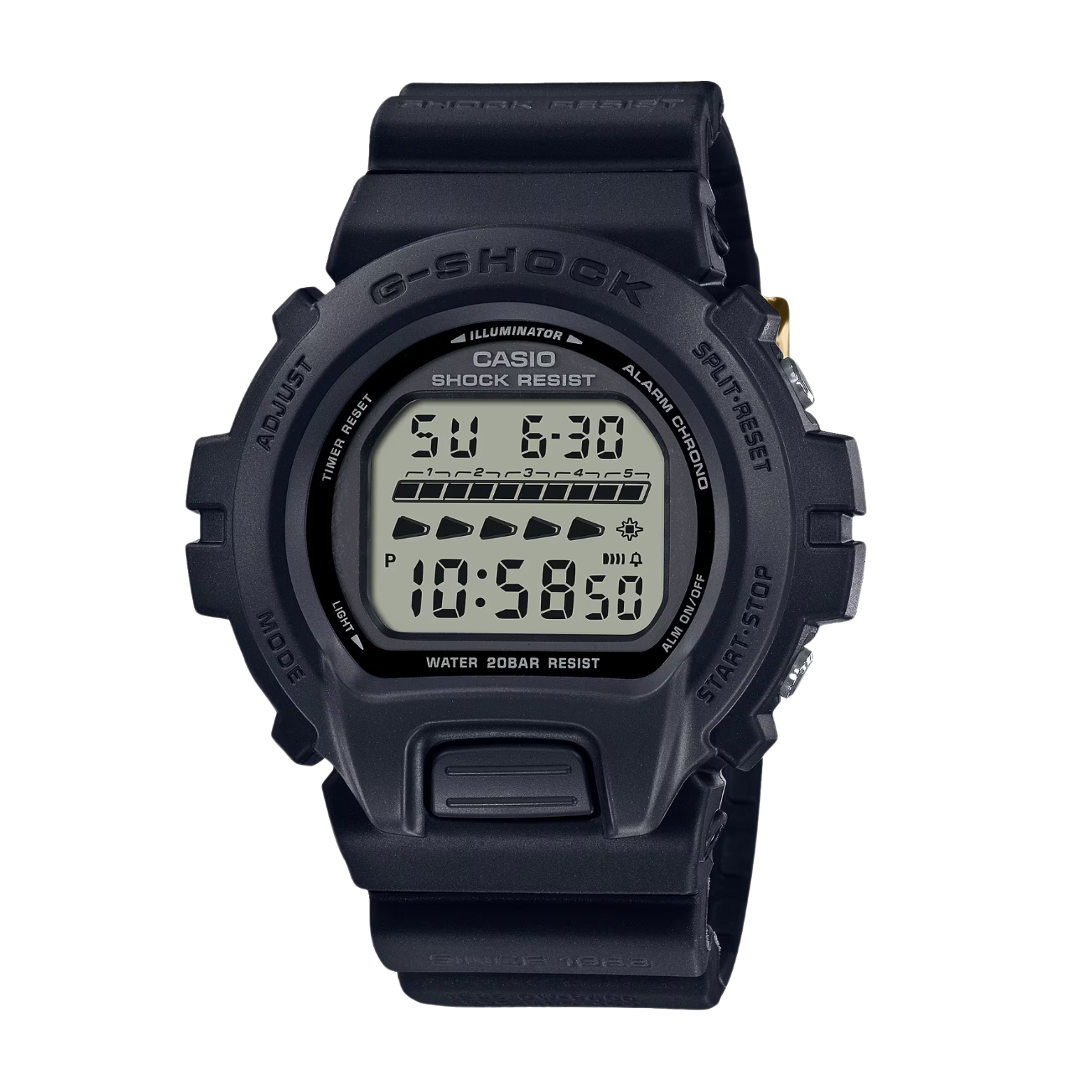 A black CASIO G-SHOCK DW-6640RE-1DR digital watch with a digital display, showing time, date, and various watch features.