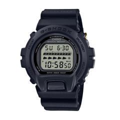 A black CASIO G-SHOCK DW-6640RE-1DR digital watch with a digital display, showing time, date, and various watch features.
