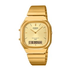 Gold Casio watch on a white background