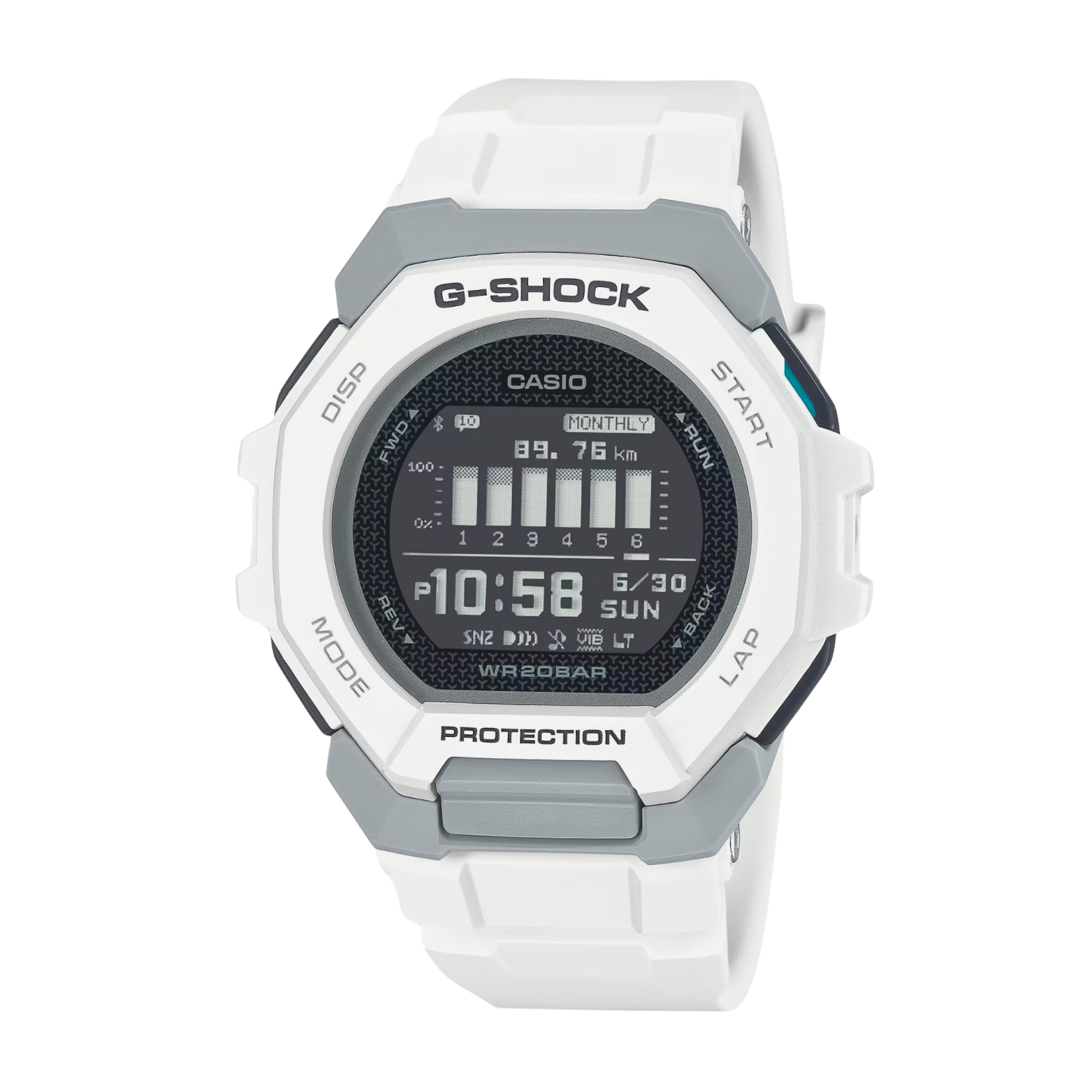 A Casio G-Shock watch with a white band and case, featuring a digital display and world time display.