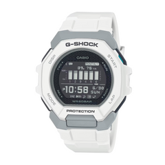 A Casio G-Shock watch with a white band and case, featuring a digital display and world time display.