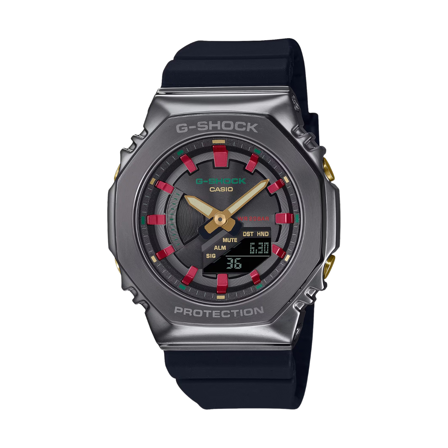 A CASIO G-SHOCK watch with a gray ion plated bezel, black resin band, and a digital display showing time, date, and various watch features.