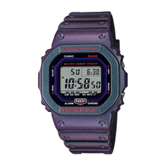 A purple CASIO G-SHOCK digital watch with a resin band and a digital display showing time and date.