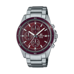 Silver watch with a red face on a white background