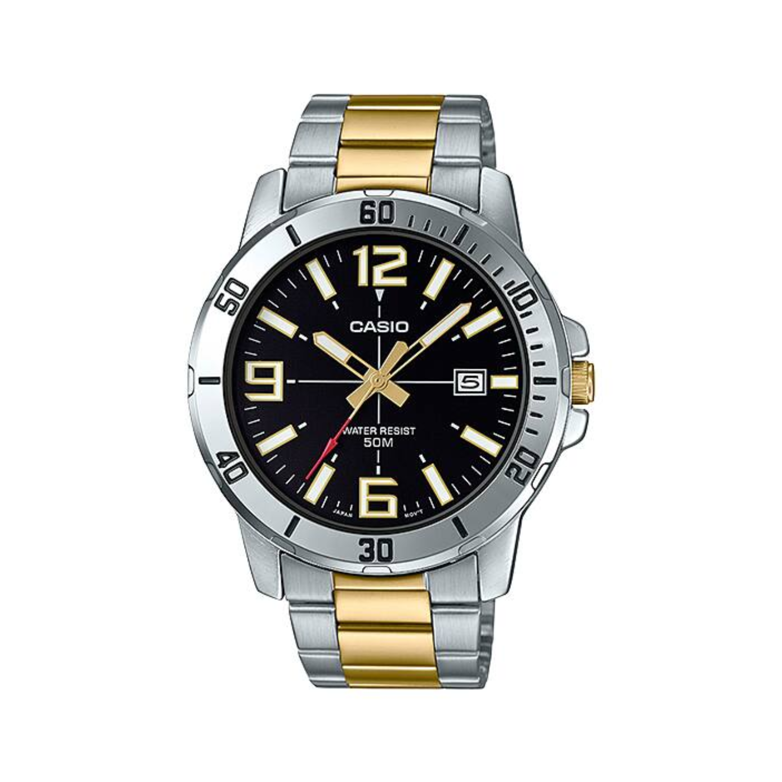 Casio watch with silver and gold band on a white background