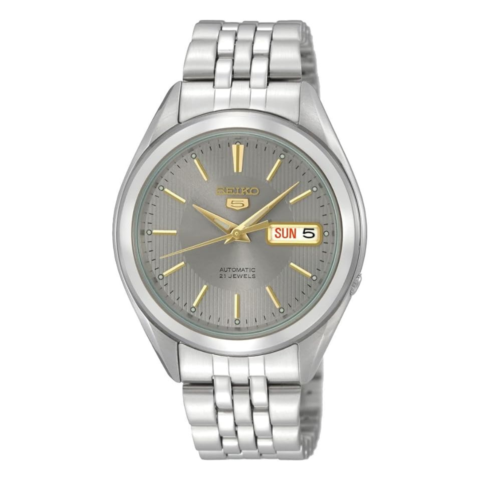 SEIKO SNKL19J1 – Japan-Made Automatic Watch – 38mm Stainless Steel Case – Grey Sunburst Dial – Day/Date Function – 30M Water Resistance - THE HAPPY BUY