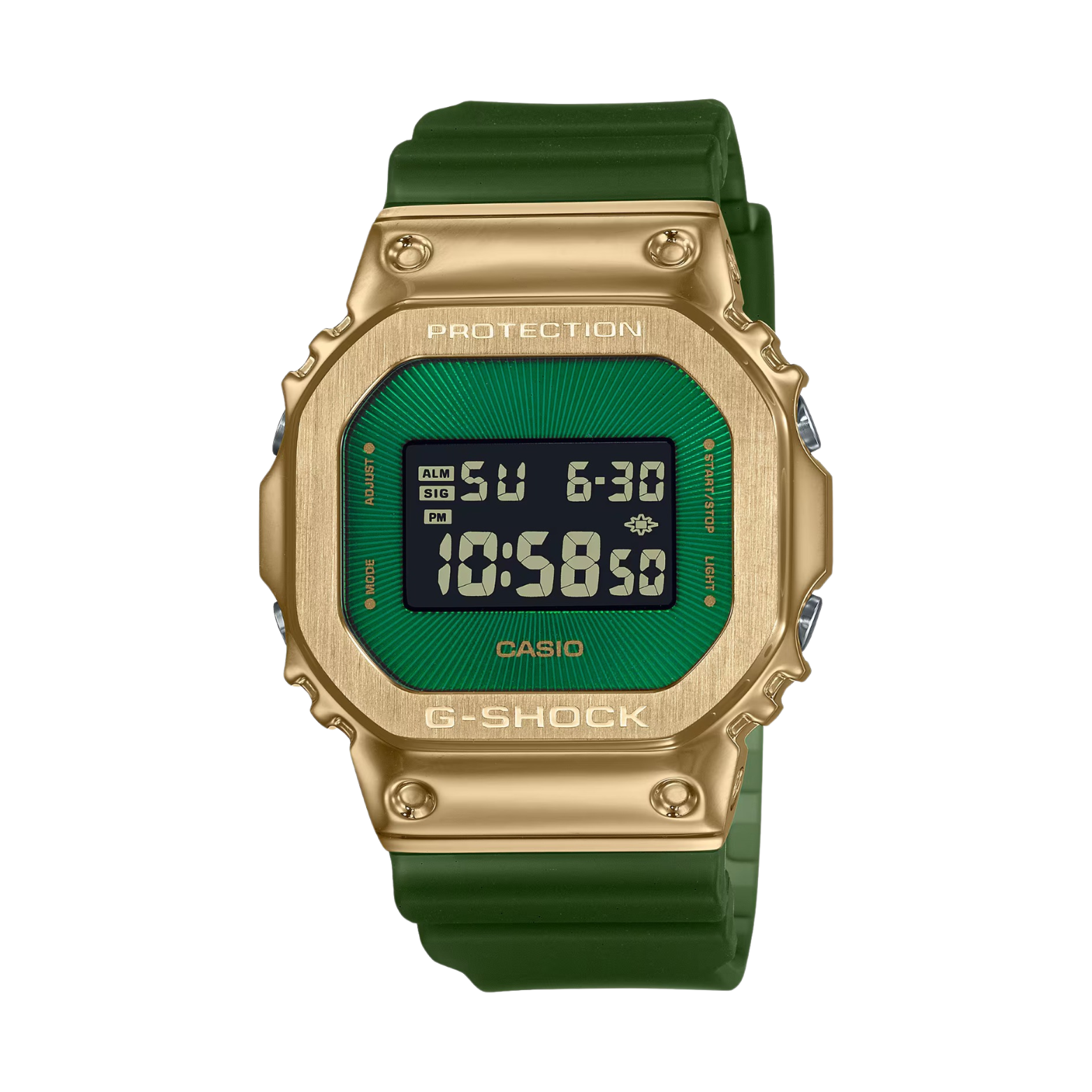 A digital CASIO G-SHOCK watch with a gold ion plated bezel and a green resin band, displaying time and various watch features on its screen.